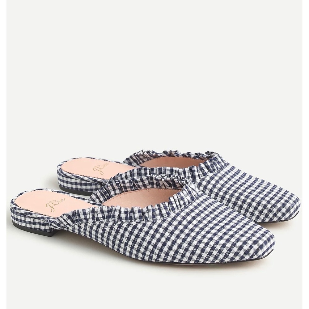 J.Crew‎ Carolyn Gingham Ruffle Mules Womens 10 Navy White Pointed Toe Flats
